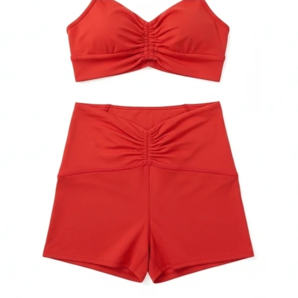 Matching Gym Set: Medium Ruched Red Bralette & Small Ruched Biker Short Set - Picture 3 of 9